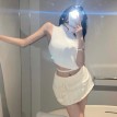 性感露背绑带毛绒上衣